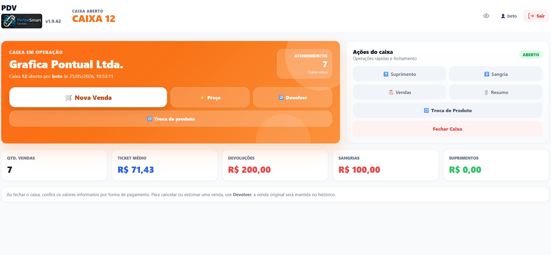 Tela do PDV PenseSmart 1